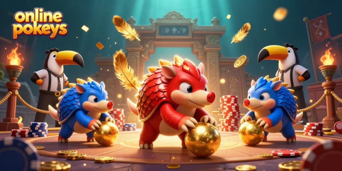 Experience thrilling online pokies action with rival pangolins bowling through poker chips.