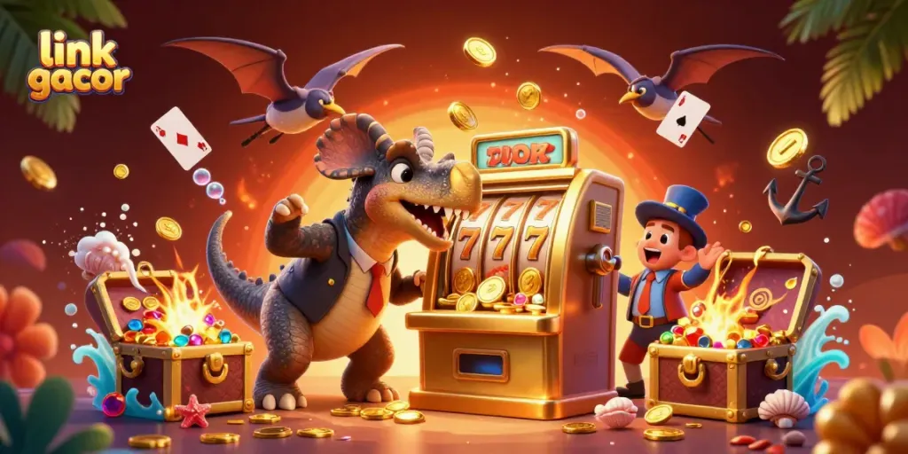 Experience the thrill of link gacor with a pachycephalosaurus winning jackpots amidst vibrant casino elements.