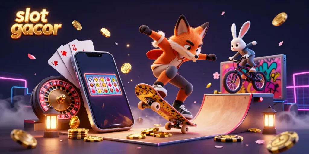 Experience the thrill of slot gacor as a skateboarder fox performs tricks over golden poker chip ramps.