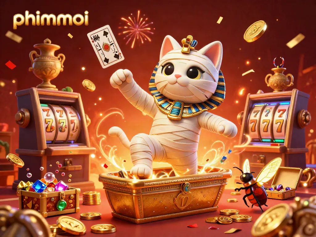 Engaging scene of phimmoi￼ casino adventures featuring a mummy cat and a scarab beetle amidst vibrant slot elements.