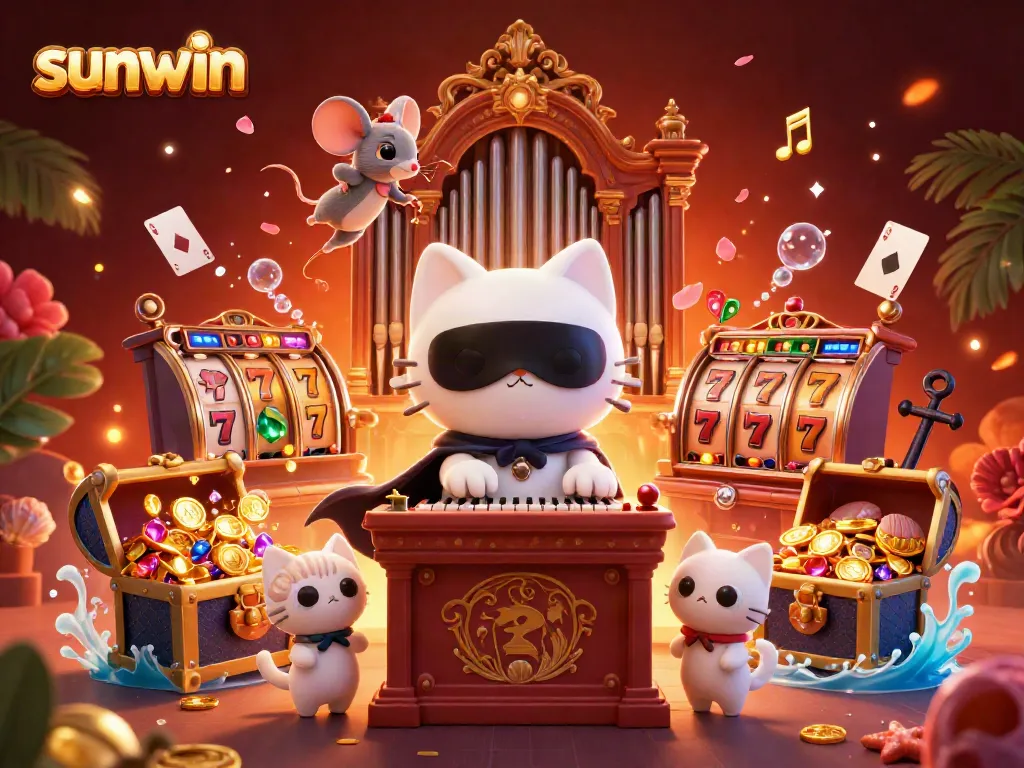 Engage with sunwin's dynamic casino gaming scene featuring a white cat at an ornate organ amidst floating cards and treasures.
