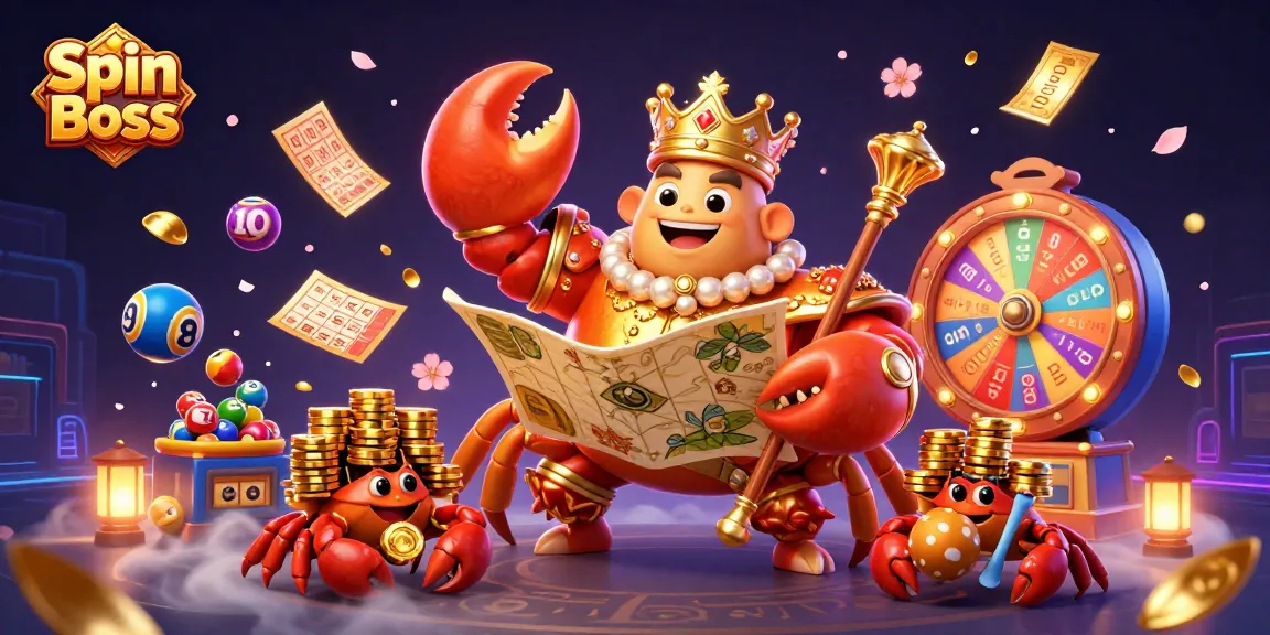 Engage with Spin Boss at this vibrant casino scene featuring colorful lottery elements and a dynamic character display.