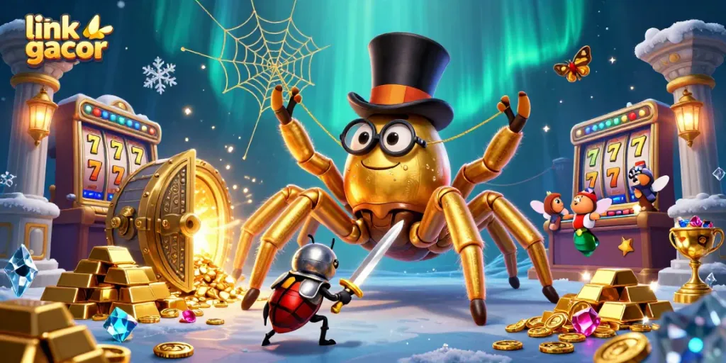 Engage with link gacor as a giant golden tarantula weaves slots and treasures in a whimsical casino scene.