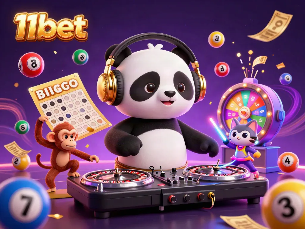 Experience the lively atmosphere of 11bet with a DJ panda, breakdancing monkey, and glow-stick kitten in a dazzling casino scene.