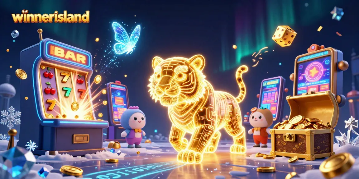 Engage with winnerisland's vibrant casino world, featuring a neon tiger and classic game symbols.