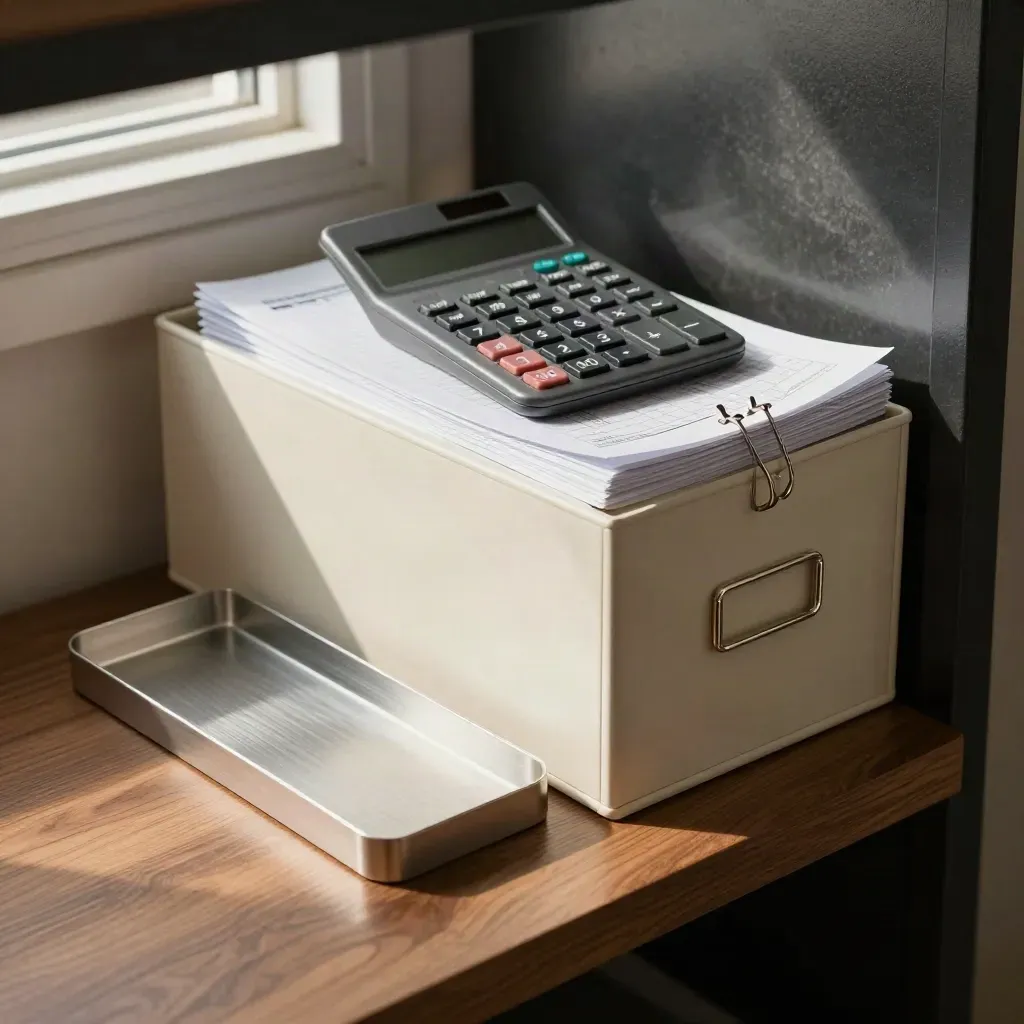 Bovenaanzicht van een boekhoudhoek met rekenmachine, archiefdoos en klemmen op een houten plank.