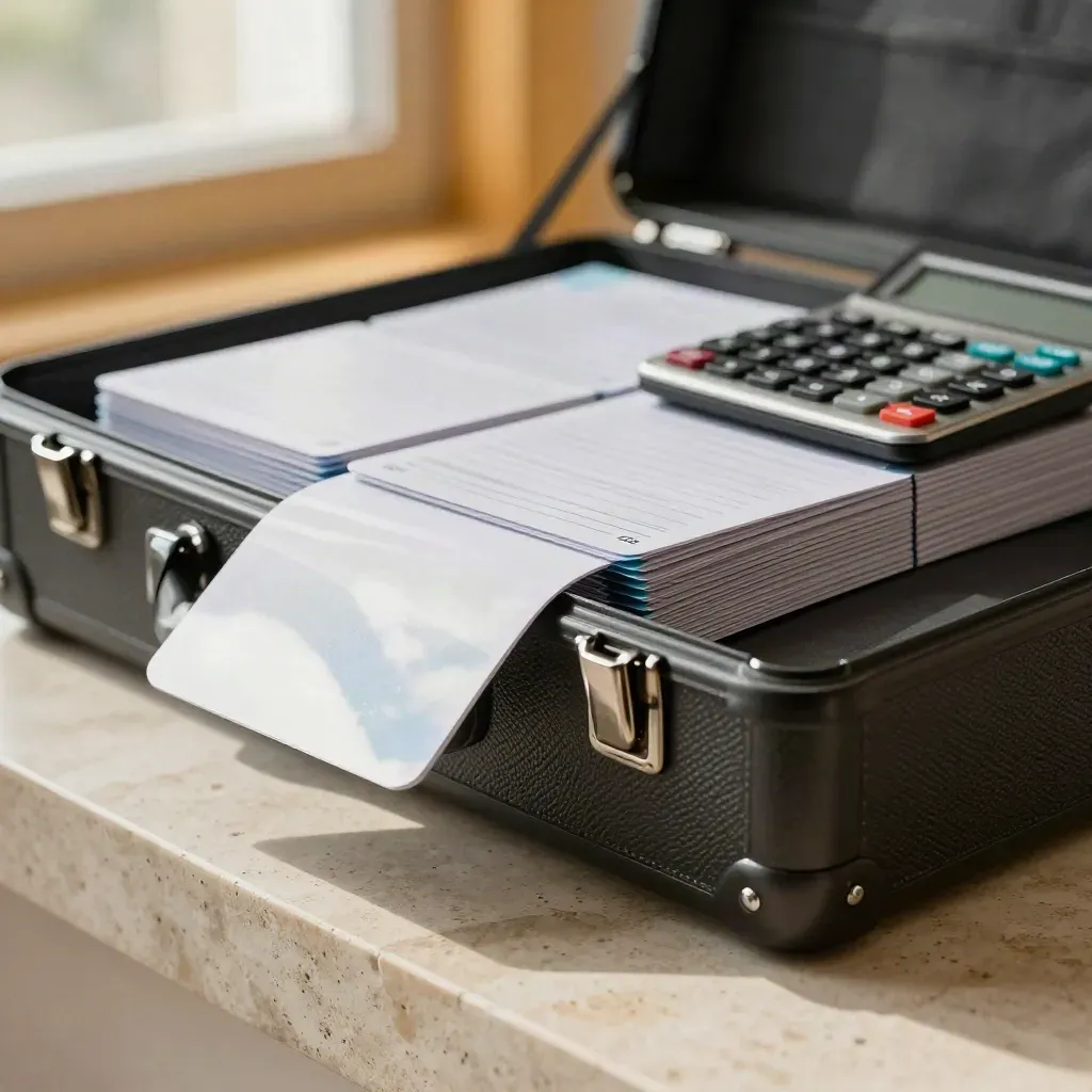 Luxe presentatiecase met forecastkaarten en metalen rekenmachine in warm raamlicht.