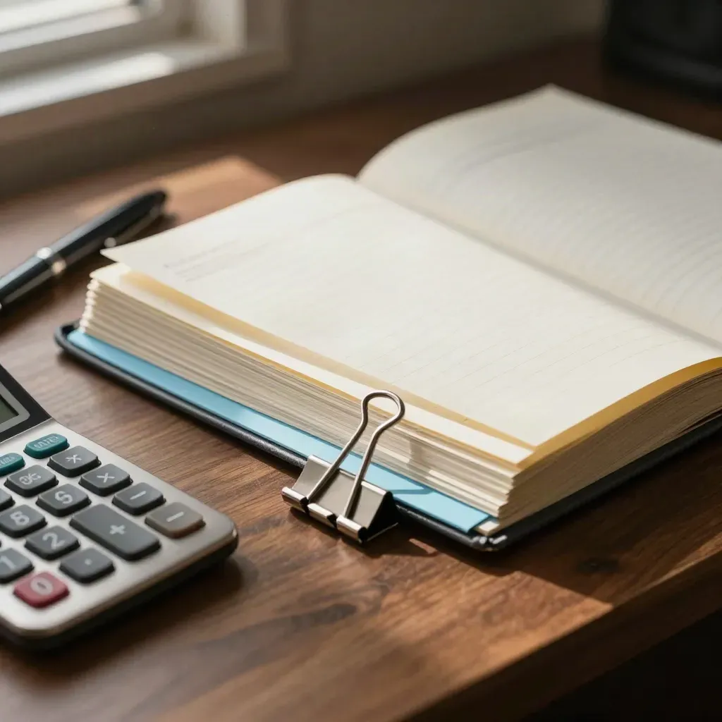 Macro van een dossier met calculator, ledger, pen en tabs op een houten werkvlak.