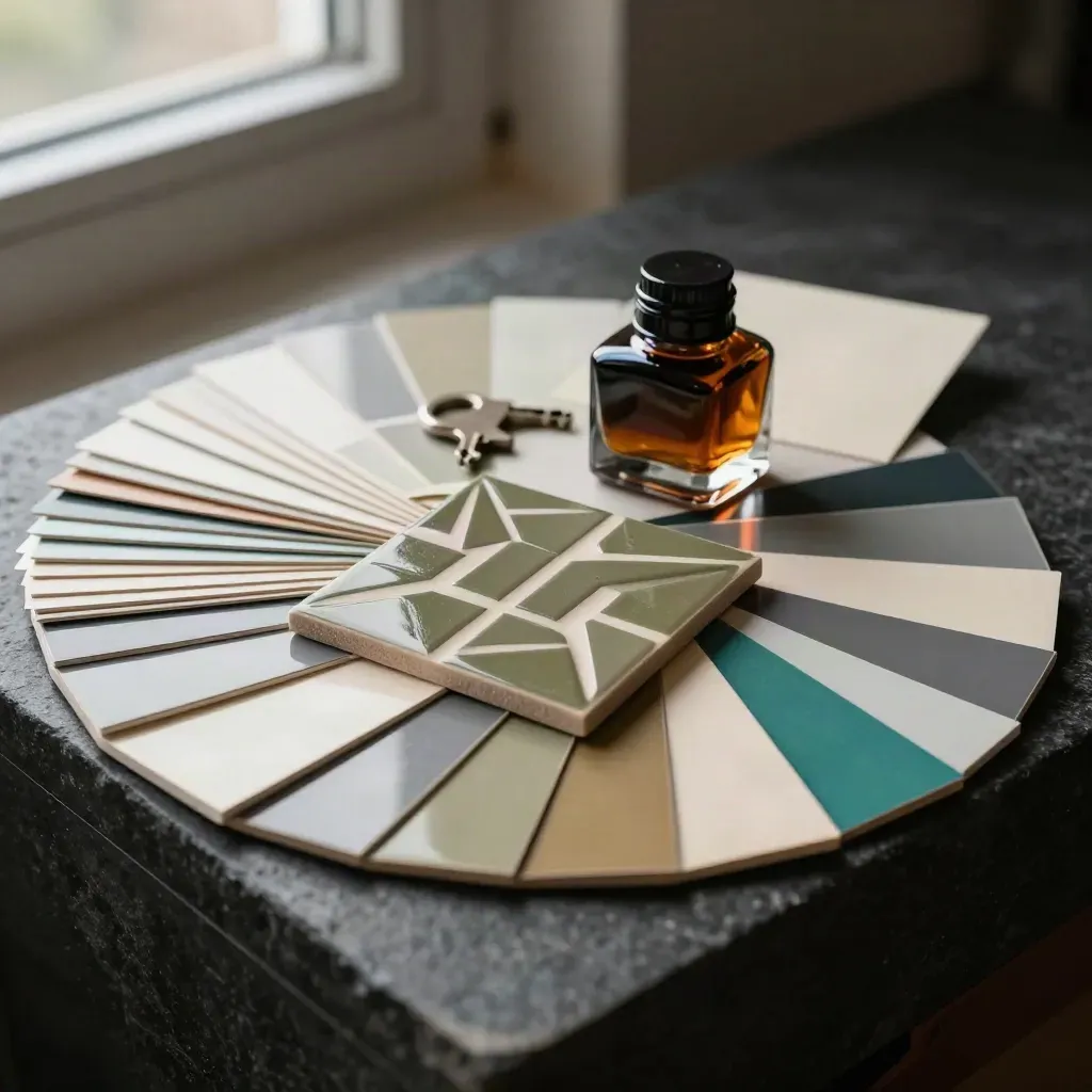 Die-cut logo, inktfles en kleurstalen op een donkere studioplaat