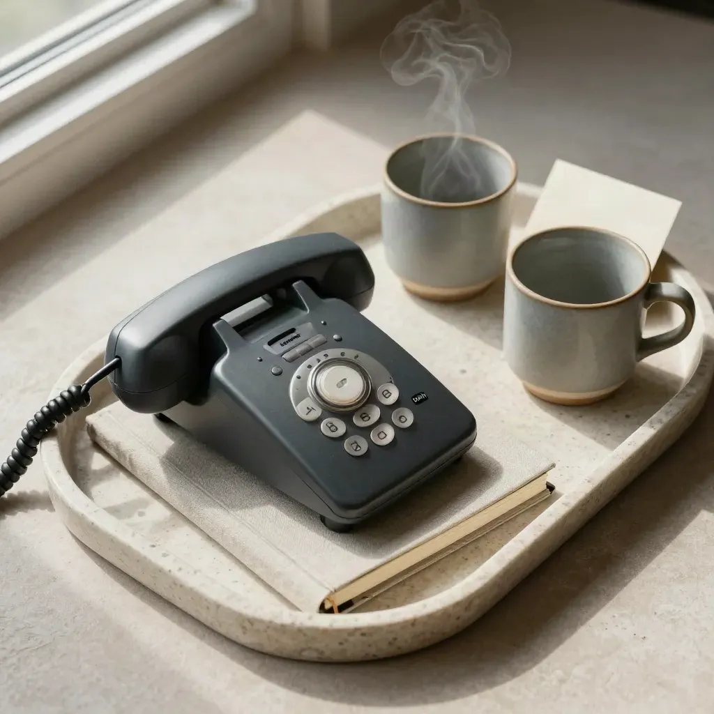 Overhead tray met telefoon, notitieboek, twee kopjes en kaartje op steen, zachte ochtendlamp.