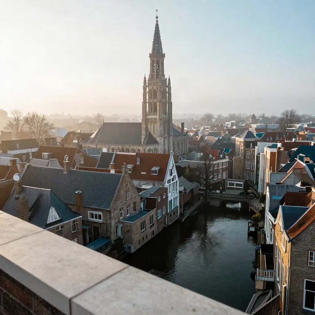 Domtoren boven Utrechtse grachten in warme ochtendmist