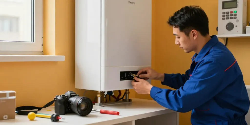 Vervanging van een oude verwarmingsketel door een professional in een huiselijke omgeving.