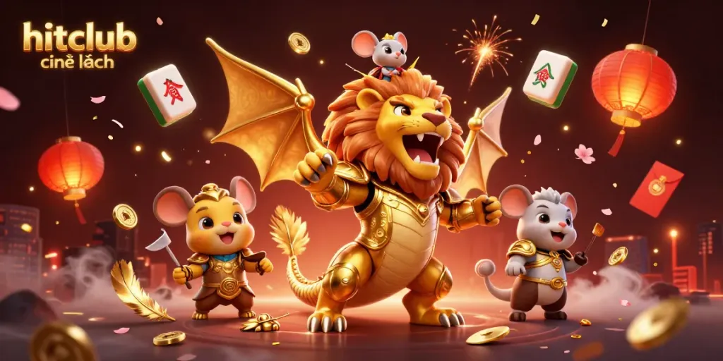 Engage with the vibrant hitclub chính hãng scene featuring a victorious chimera, lucky symbols, and special effects.
