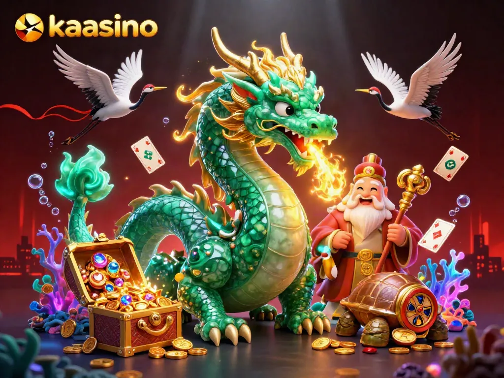 Kaasino showcases an epic scene with a jade dragon, sage, and cranes amidst gold coins and vibrant casino elements.