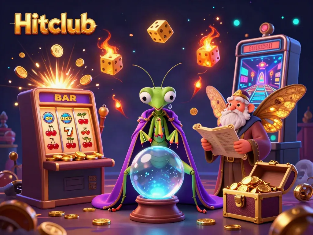 Experience the thrill of Hitclub with a vibrant 3D illustration of fortune tellers and casino games.