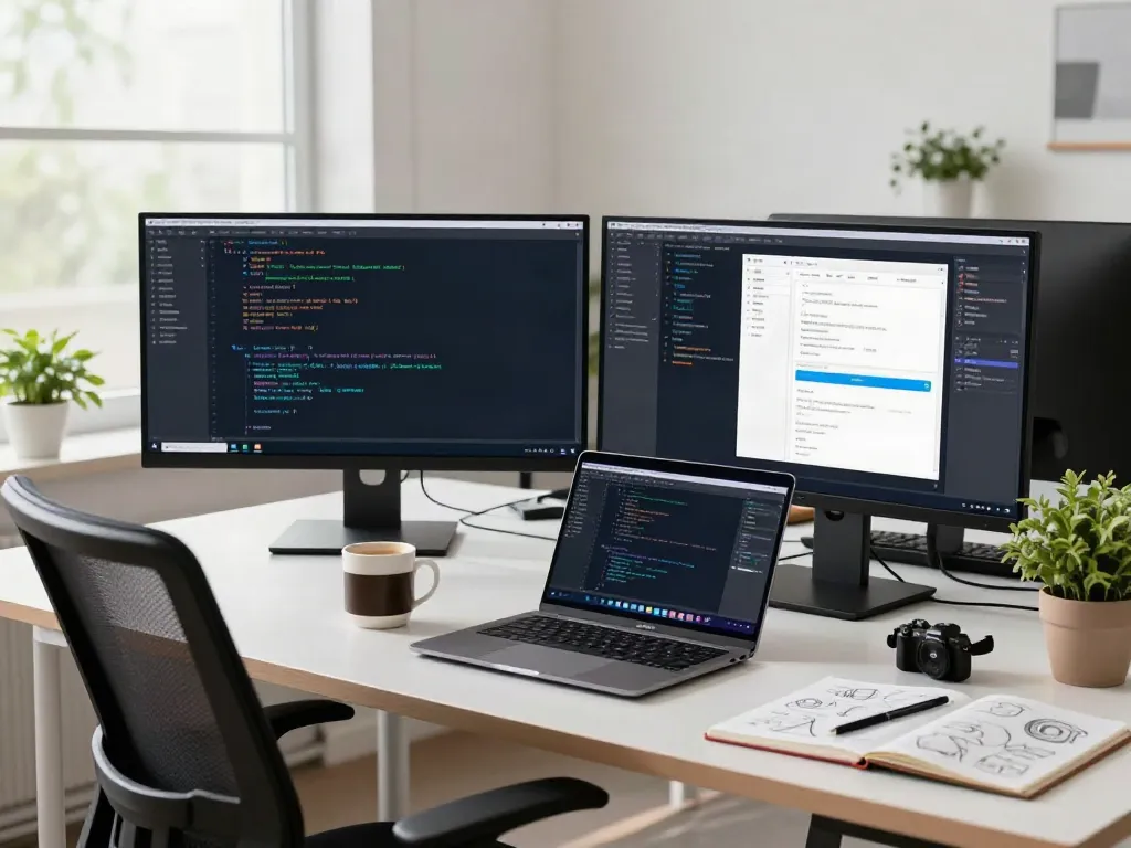 Developer workspace emphasizing code and app designs for download for windows applications.